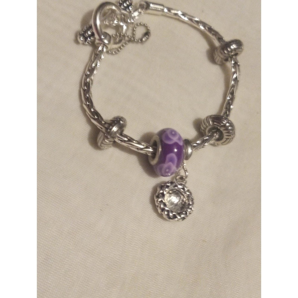 Bracelet. Silver With Purple &Silver Beads Adjustable